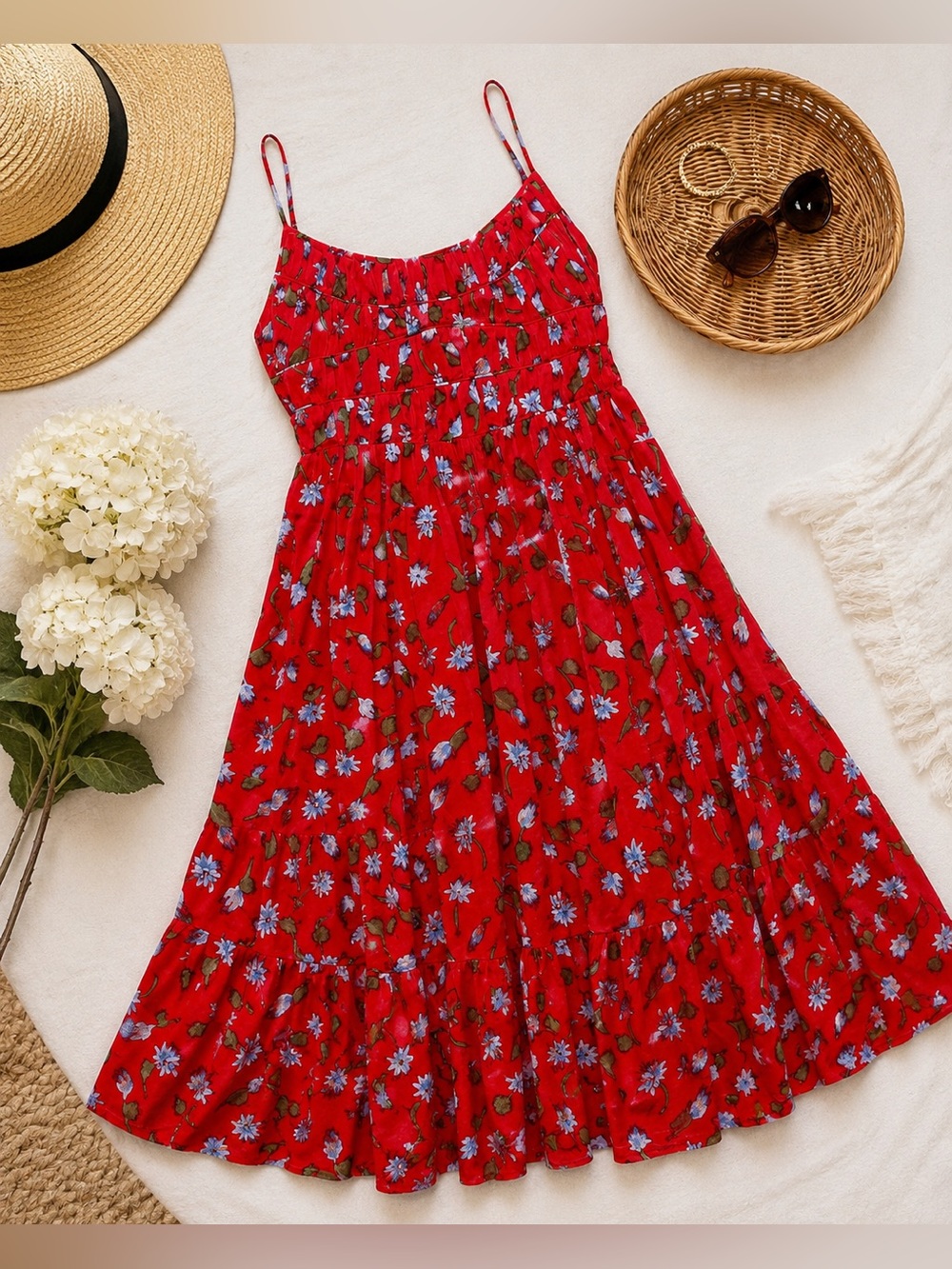 J.Crew Red Floral Cotton Midi Dress XS Adjustable Strap Tie Back Sundress